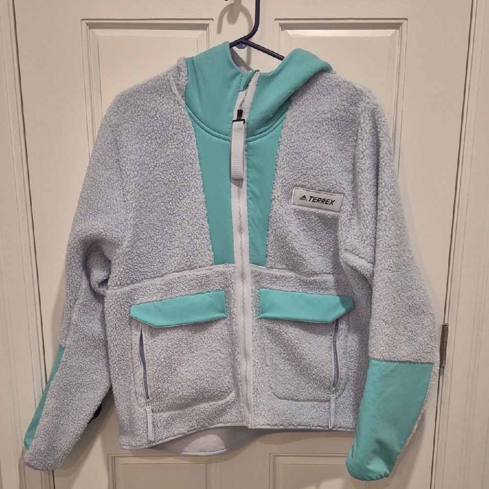 Ladies Adidas Blue and Teal Fleece Jacket, Sz L